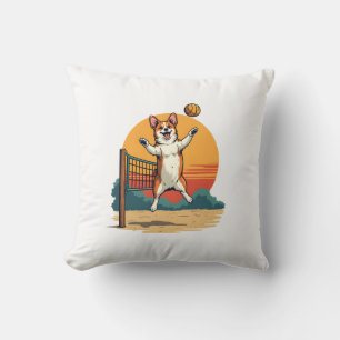 Vintage Corgi Volleyball Retro Sunset Vector Illus Throw Pillow