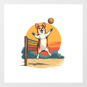Vintage Corgi Volleyball Retro Sunset Vector Illus Window Cling