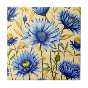 Vintage Cornflower Blue and Yellow Floral Tile