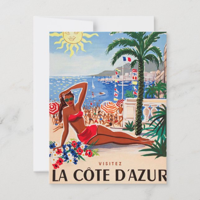 Vintage Cote D'Azur Beach Girl Holiday Card (Front)