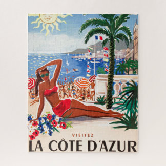 Vintage Cote D'Azur Beach Girl Illustration Art Jigsaw Puzzle