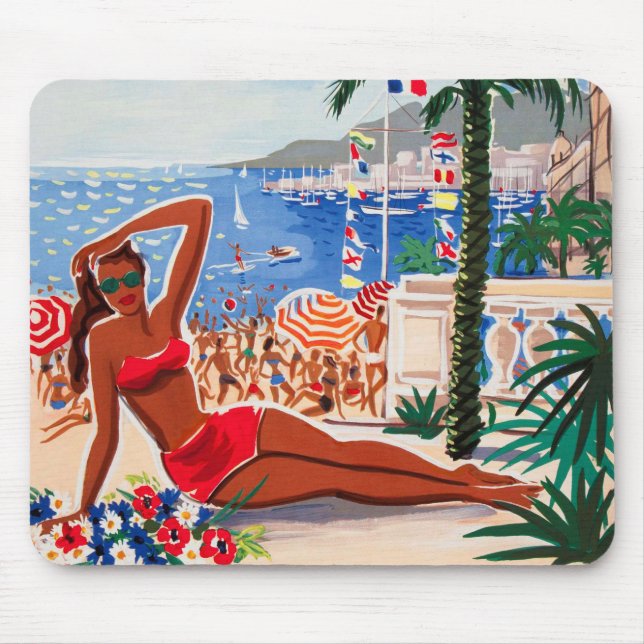 Vintage Cote D'Azur Beach Girl Mouse Pad (Front)