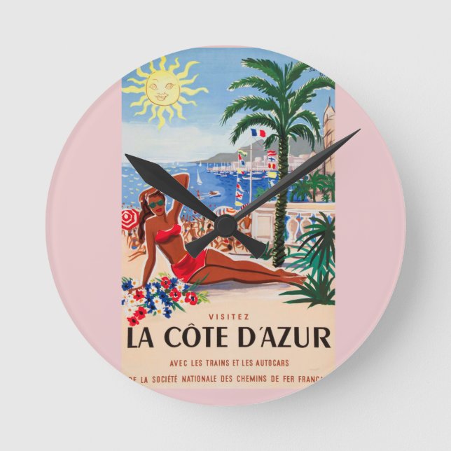 Vintage Cote D'Azur Beach Girl Round Clock (Front)