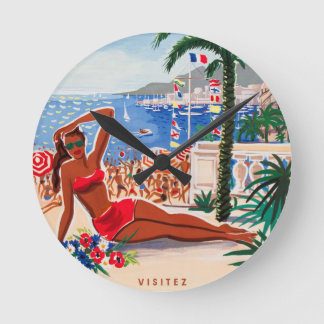 Vintage Cote D'Azur Beach Girl Round Clock