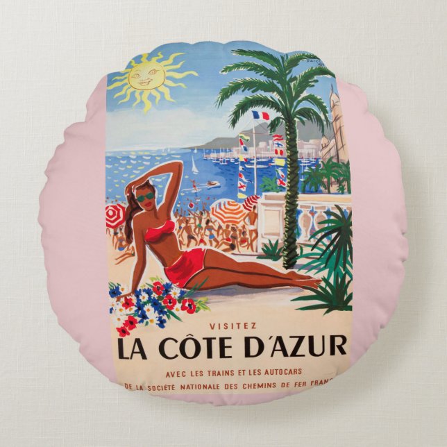 Vintage Cote D'Azur Beach Girl Round Pillow (Front)