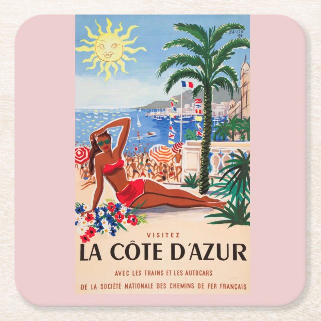 Vintage Cote D'Azur Beach Girl Square Paper Coaster (Front)