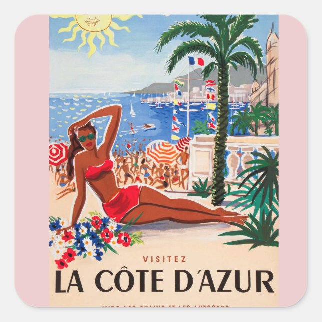 Vintage Cote D'Azur Beach Girl Square Sticker (Front)