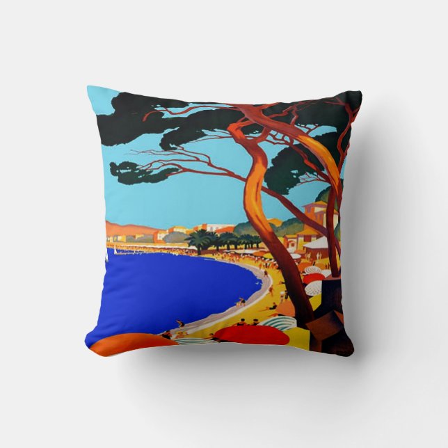Vintage Cote D'Azur French Travel Throw Pillow (Front)