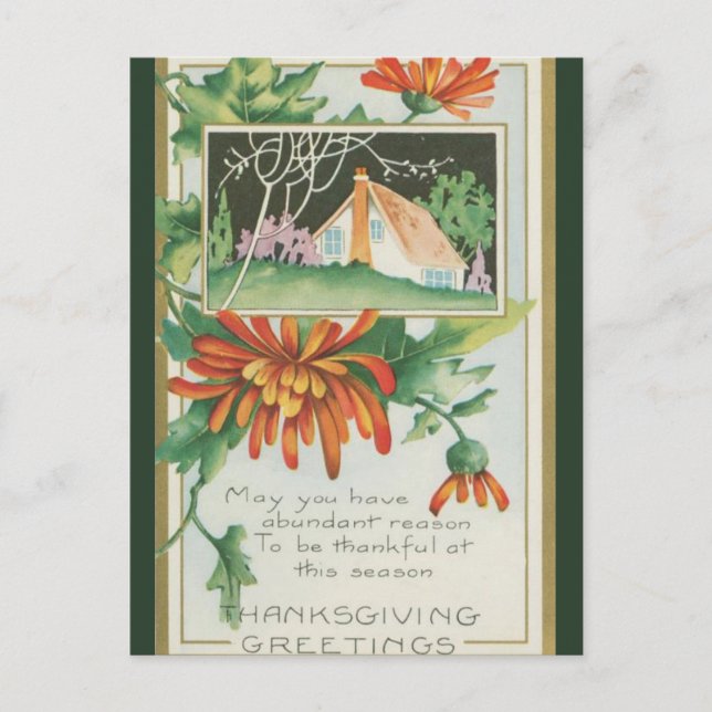 Vintage Cottage and Chrysanthemums Thanksgiving Postcard (Front)