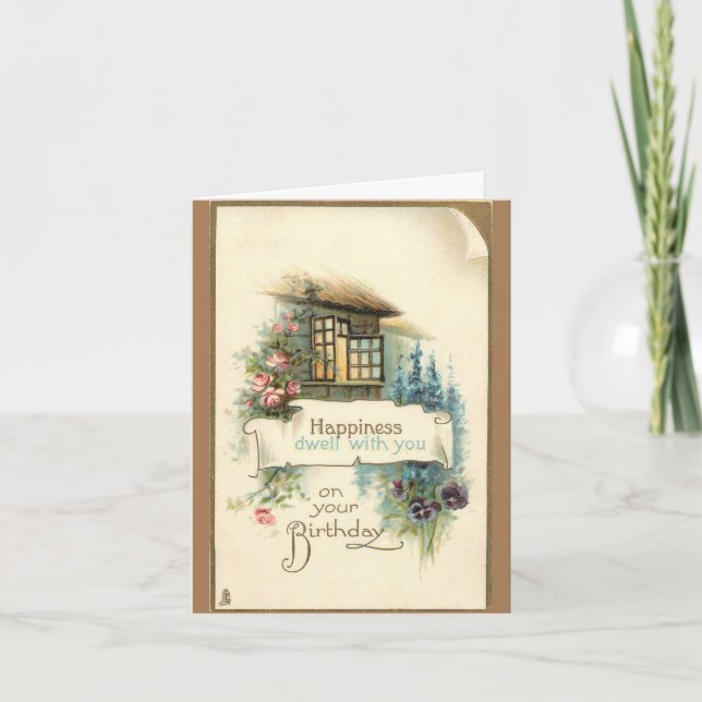 Vintage Cottage Birthday Greeting Card (Front)