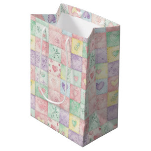 Vintage Cottage Floral Patchwork Gingham Pastel Medium Gift Bag