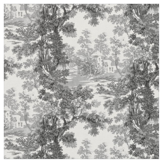 Vintage Cottage Landscape Toile-Black & White Fabric (Close Up)
