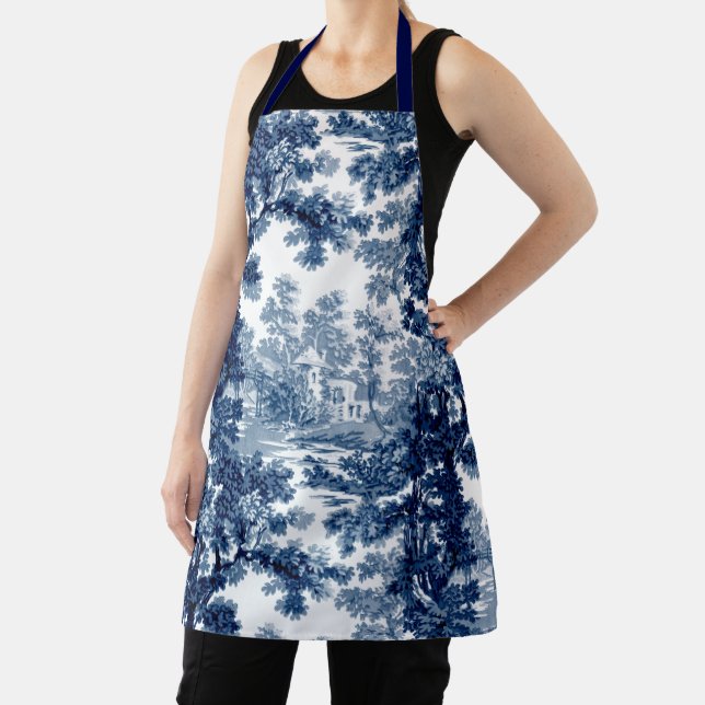 Vintage Cottage Landscape Toile-Blue & White Apron (Insitu)