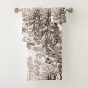 Vintage Cottage Landscape Toile-Brown & White Bath Towel Set