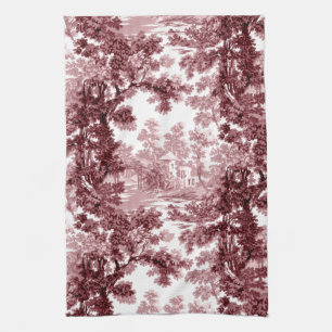 Vintage Cottage Landscape Toile-Pink & White Kitchen Towel