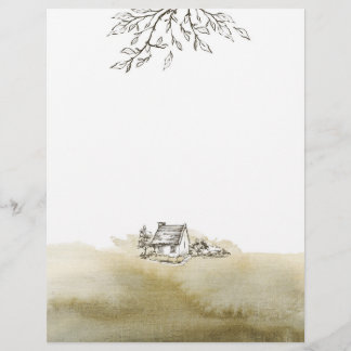 Vintage Cottage Sketch and Watercolor Paper Sheet
