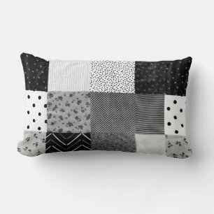vintage cottagecore black and white patchwork lumbar pillow