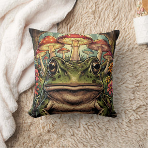 Vintage Cottagecore Frog, Snail and Mushrooms Throw Pillow
