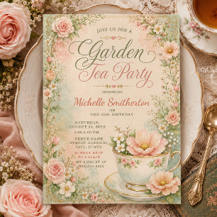 Vintage Cottagecore Pastel Garden Tea Party Invitation