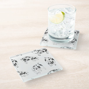 Vintage Cottagecore Pig LineArt Minimalist Pattern Glass Coaster