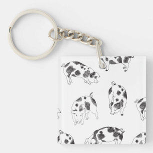 Vintage Cottagecore Pig LineArt Minimalist Pattern Keychain
