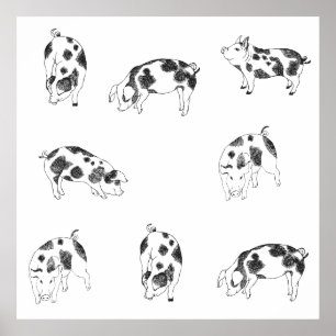 Vintage Cottagecore Pig LineArt Minimalist Pattern Poster