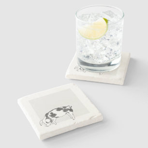 Vintage Cottagecore Pig LineArt Minimalist Pattern Stone Coaster