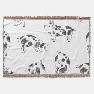 Vintage Cottagecore Pig LineArt Minimalist Pattern Throw Blanket