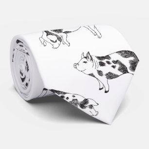 Vintage Cottagecore Pig LineArt Minimalist Pattern Tie