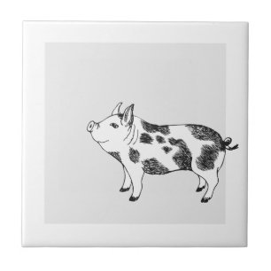 Vintage Cottagecore Pig LineArt Minimalist Pattern Tile