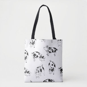 Vintage Cottagecore Pig LineArt Minimalist Pattern Tote Bag