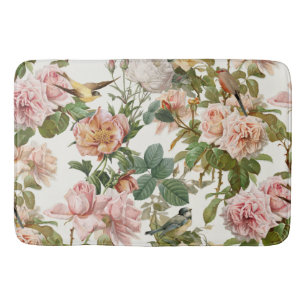Vintage Cottagecore Pink Botanical Roses and Birds Bath Mat