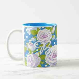 Vintage Cottagecore Rose Floral Blue Polka Dots Two-Tone Coffee Mug