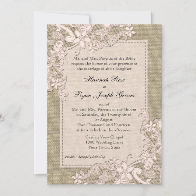 Vintage Country Blush Lace Design and Burlap Invitation (Front)