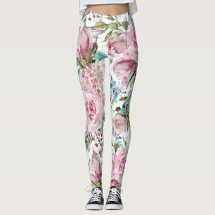 Vintage Country Chic Pink Teal Lavender Floral Leggings