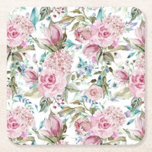 Vintage Country Chic Pink Teal Lavender Floral Square Paper Coaster