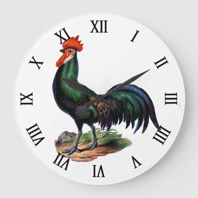Vintage Country Chic Proud Colourful Rooster Large Clock (Front)