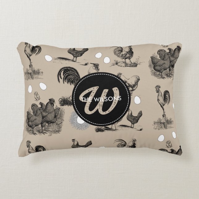 Vintage Country Chicken Rooster Egg Monogram  Accent Pillow (Front)