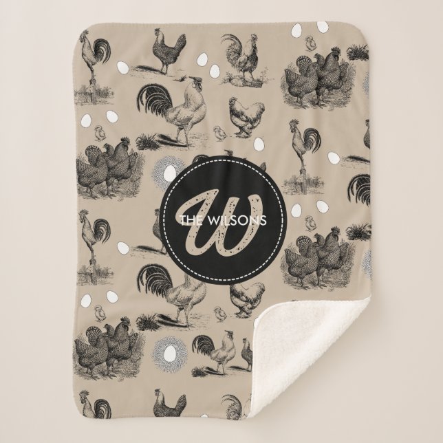 Vintage Country Chicken Rooster Egg Monogram Sherpa Blanket (Front)