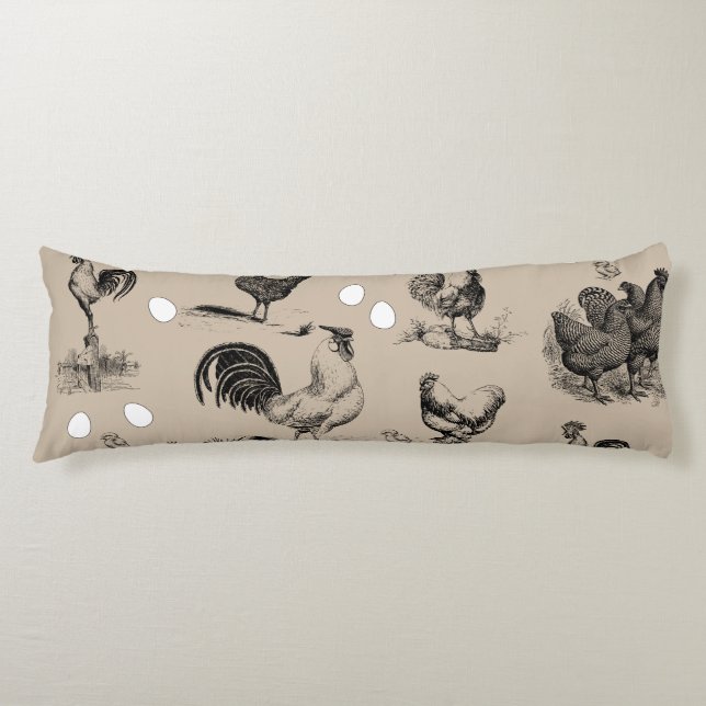 Vintage Country Chicken Rooster Egg Pattern Body Pillow (Front)