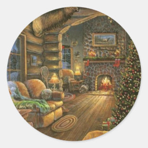 Vintage Country Christmas Cabin Classic Round Sticker