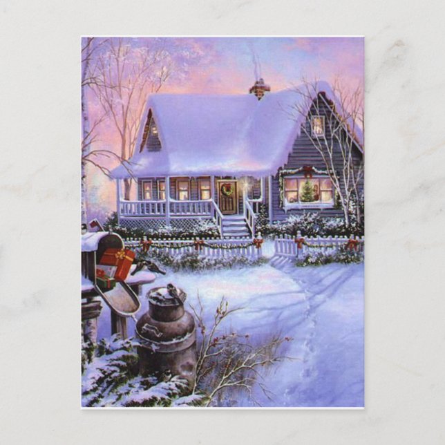 Vintage Country Christmas Cabin Holiday Postcard (Front)