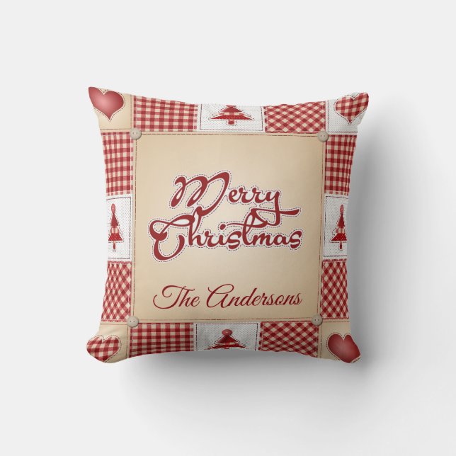 Vintage Country Christmas Patchwork Quilt Pillow (Front)