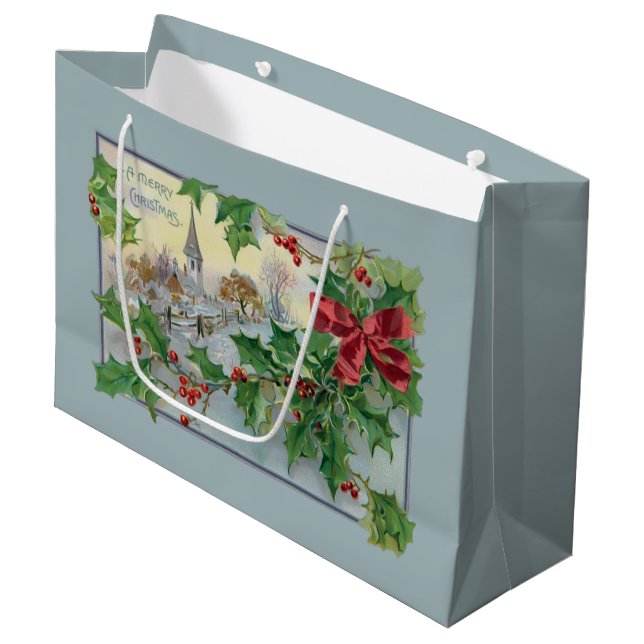 Vintage Country Church and Holly Large Gift Bag (Front Angled)