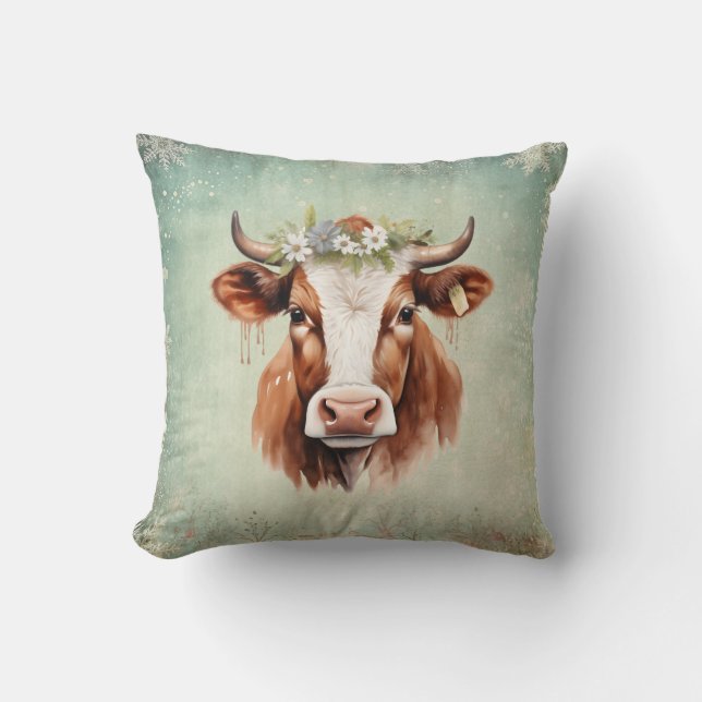 Vintage country Cow Christmas  Throw Pillow (Front)
