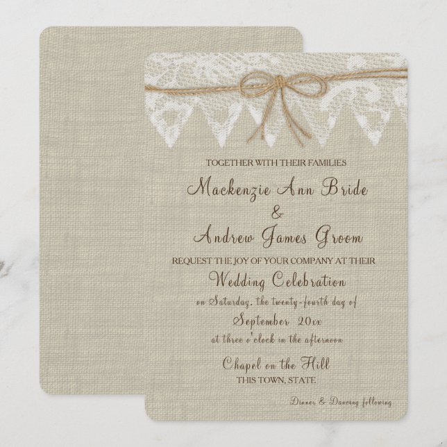 Vintage Country Fair Lace and Burlap Wedding Invitation (Front/Back)