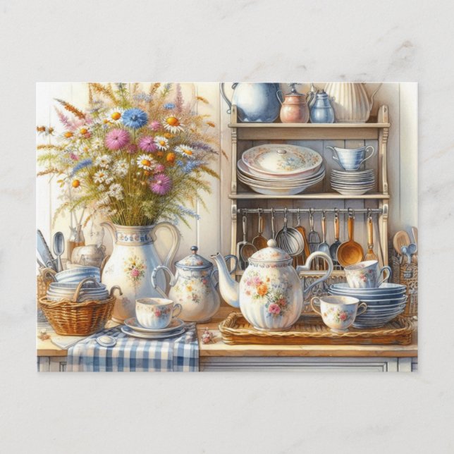 Vintage Country Farmhouse Dishes Teapot Postcard (Front)