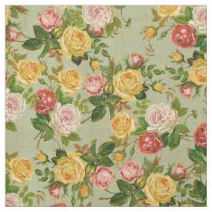 Vintage Country Floral Yellow Pink and Green Roses Fabric