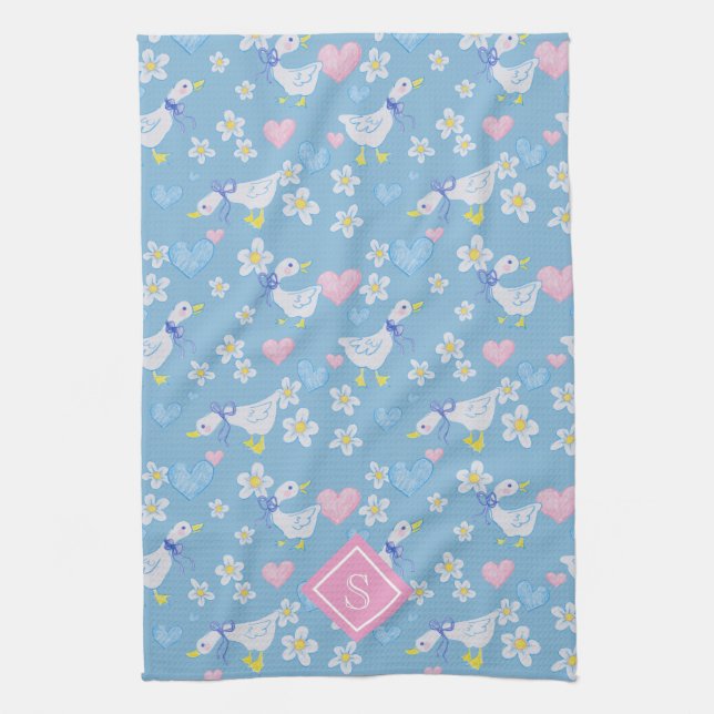 Vintage Country Geese Pattern Monogram Kitchen Towel (Vertical)