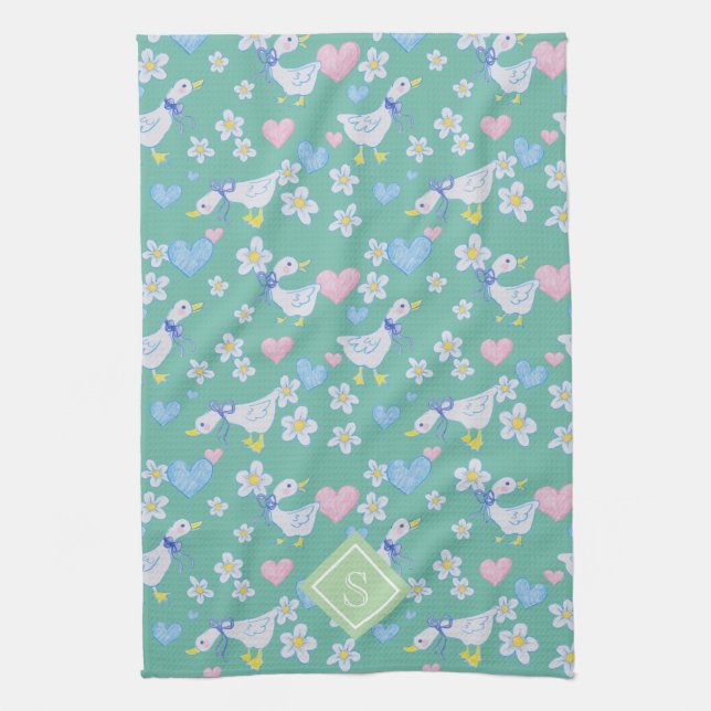 Vintage Country Geese Pattern Monogram Kitchen Towel (Vertical)